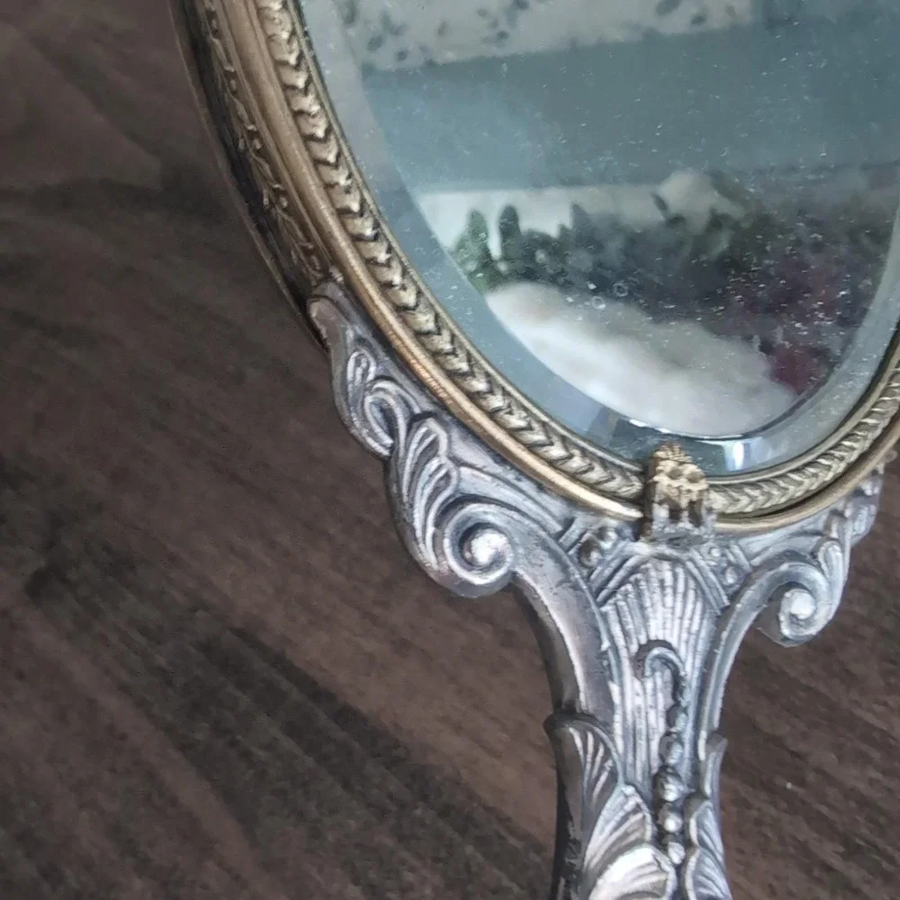 Large Vintage Art Nouveau Hand Mirror Ornate Rose Floral Silver Gold Tone Vanity
